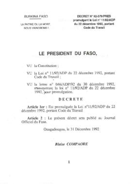 Code Du Travail - Burkina Faso - La Patrie ou la Mort, Nous Vaincrons - December 22, 1992 - Report in Foreign Language