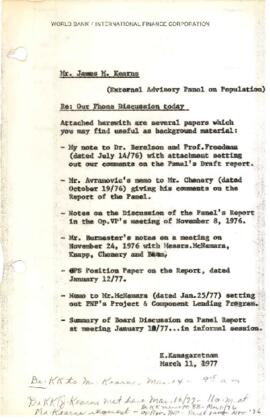 External Advisory Panel on Population - Board Meeting - January 18, 1977 and Follow Up - Kearns' Memorandum - Dr K Kanagaratnam