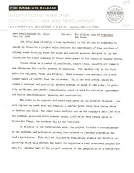 Economic Committee Papers - Argentina - IBRD - Bank Press Release Number 69/52 - 25 Million Loan to Argentina for Roads