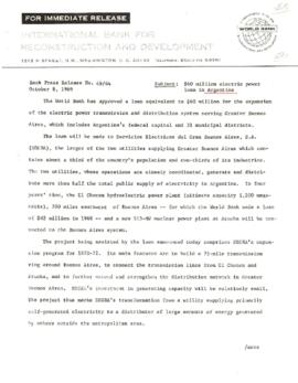 Economic Committee Papers - Argentina - IBRD - Bank Press Release Number 69/64 - 60 Million Electric Power Loan in Argentina