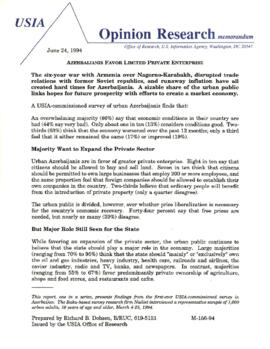 Azerbaijanis Favor Limited Private Enterprise - U.S. Information Agency [USIA] Opinion Research Memorandum - June 24, 1994