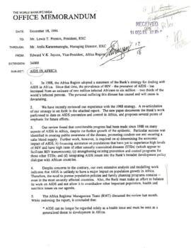 Acquired Immune Deficiency Syndrome [AIDS] - The World Bank's Agenda for Action on AIDS and other Sexually Transmitted Diseases [STDs] in Africa - A Review and Update - December 1991