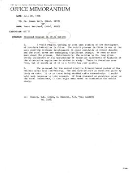 Agriculture: Proposed Studies on China Reform - Correspondence