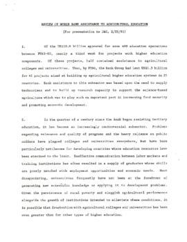 Agricultural Higher Education - Background Material on Special Study of the Effectiveness of Bank Project Supervision - Approach Paper and External Comments - Final