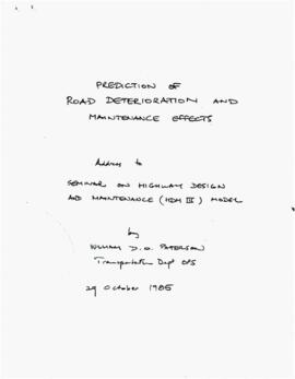 Highway Conferences and Courses - Seminar on Highway Design and Maintenance - HDM-III Model - October 1985 - Address, Notes, Correspondence