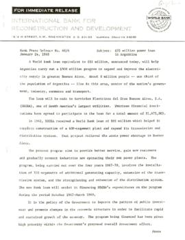 Economic Committee Papers - Argentina - IBRD - Bank Press Release Number 68/6 - 55 Million Power Loan in Argentina