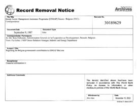 Energy Sector Management Assistance Programme [ESMAP] Donors - Belgium (EEC) - Correspondence