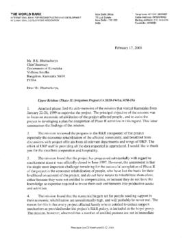 Upper Krishna Irrigation Project (02) - India - Credit 2010, Loan 3050 - P009898 - Special OED Study - Correspondence - Volume 7