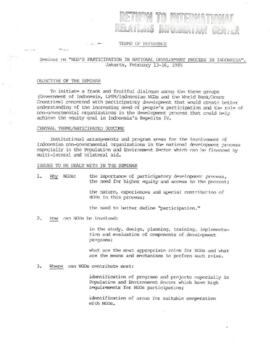 G8 - NGO's Participation in National Development Process in Indonesia - Seminar - February 13-16, 1985, Jakarta, Indonesia - Agenda, Terms of Reference, Case Studies