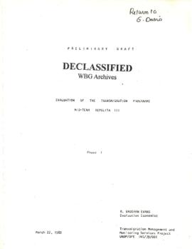 Evaluation of the Transmigration Programme - Mid-Term Five-Year Plan III - Phase 1 - Preliminary Draft - R. Vaughn Evans - March 22, 1982