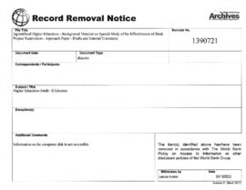 Agricultural Higher Education - Background Material on Special Study of the Effectiveness of Bank Project Supervision - Approach Paper - Drafts and Internal Comments - Includes Floppy Disc