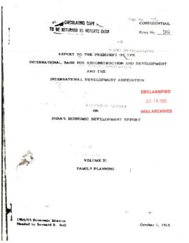 Volume 11 - Family Planning - Bernard R. Bell 1964 / 1965 Economic Mission - Report of the President of the International Bank for Reconstruction and Development and the International Development Association on India's Economic Development Effort