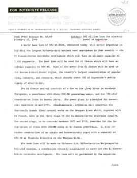 Economic Committee Papers - Argentina - IBRD - Bank Press Release Number 68/69 - 82 Million Loan for Electric Power in Argentina