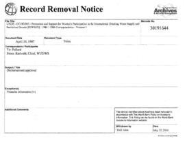UNDP - INT/83/003 - Promotion and Support for Women's Participation in the International Drinking Water Supply and Sanitation Decade [IDWSSD] - 1984 / 1986 Correspondence - Volume 1